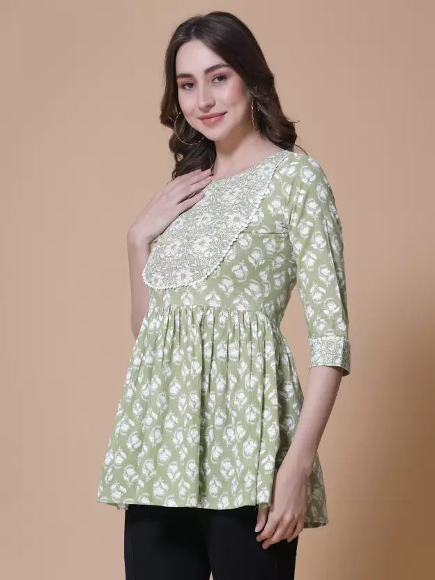 Casual Regular Sleeves Floral Print Women Light Green Top