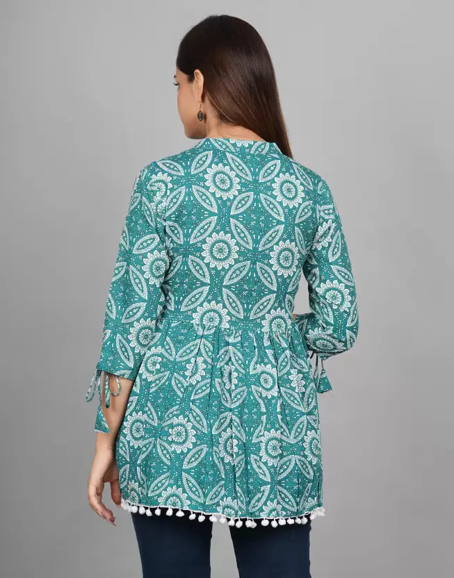 Casual Regular Sleeves Printed Women Green Top