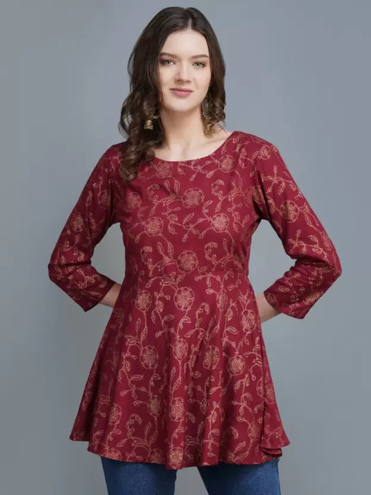 Casual Regular Sleeves Printed Women Maroon Top