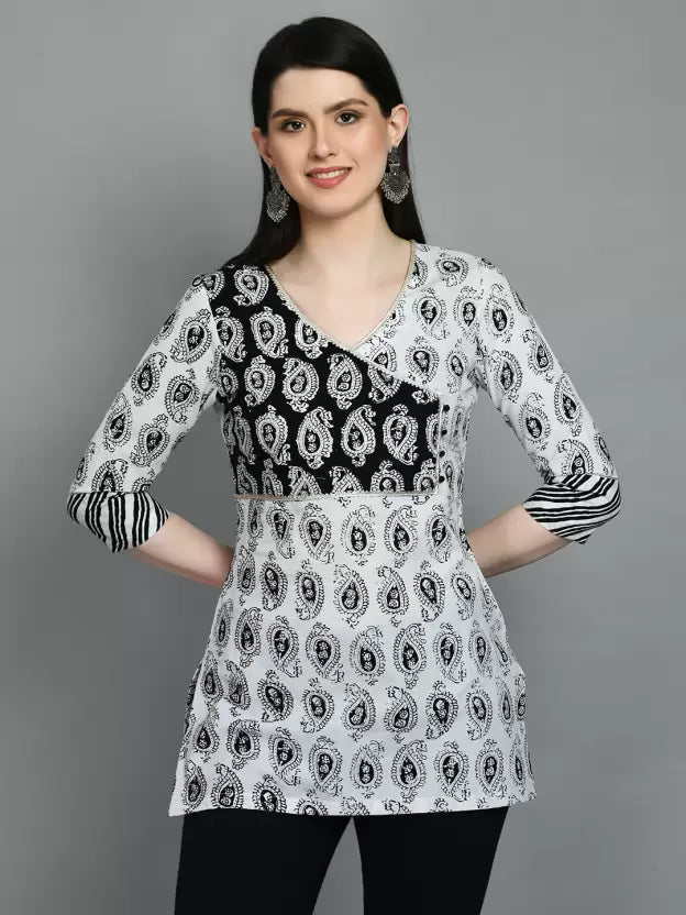 Casual Regular Sleeves Printed Women White Black Top