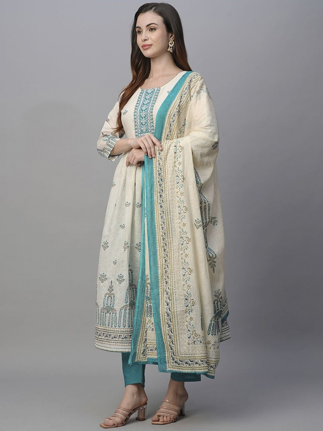 Women Ethnic Motifs Printed Angrakha Thread Work Pure Cotton Kurta with Trousers & With Dupatta