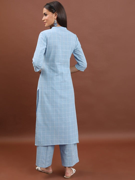 Checked Mandarin Collar Straight Kurta with Trousers