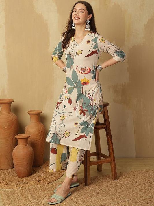 Cream Floral printed V-Neck Pure Cotton Kurta With Palazzos