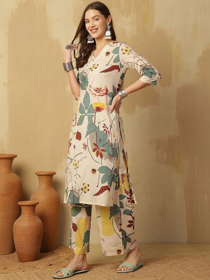 Cream Floral printed V-Neck Pure Cotton Kurta With Palazzos