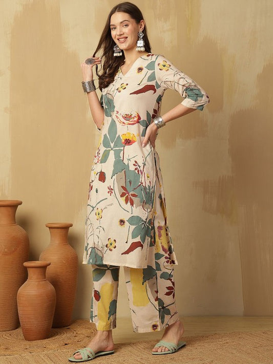 Cream Floral printed V-Neck Pure Cotton Kurta With Palazzos