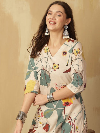 Cream Floral printed V-Neck Pure Cotton Kurta With Palazzos
