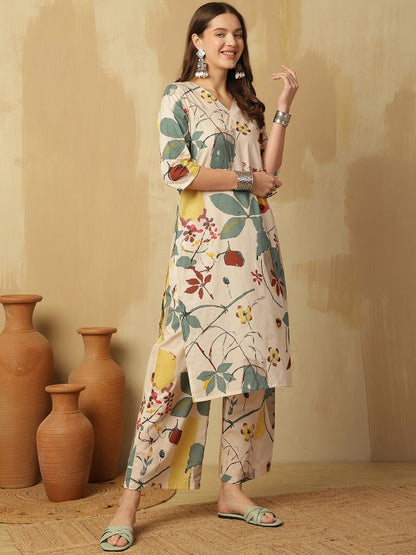 Cream Floral printed V-Neck Pure Cotton Kurta With Palazzos