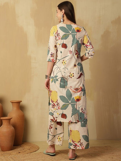 Cream Floral printed V-Neck Pure Cotton Kurta With Palazzos