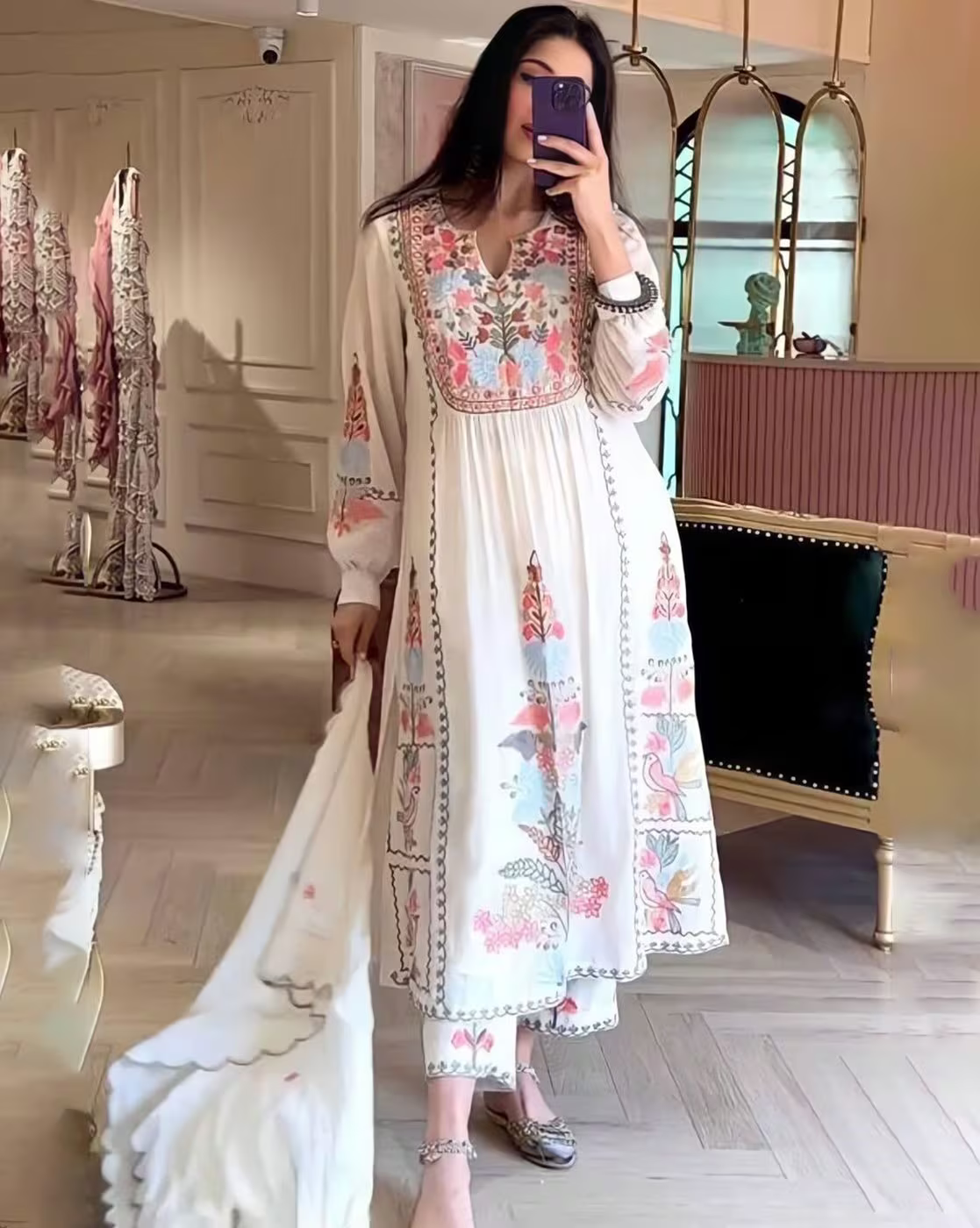 Women Embroidered Anarkali Kurta with Pants & Dupatta