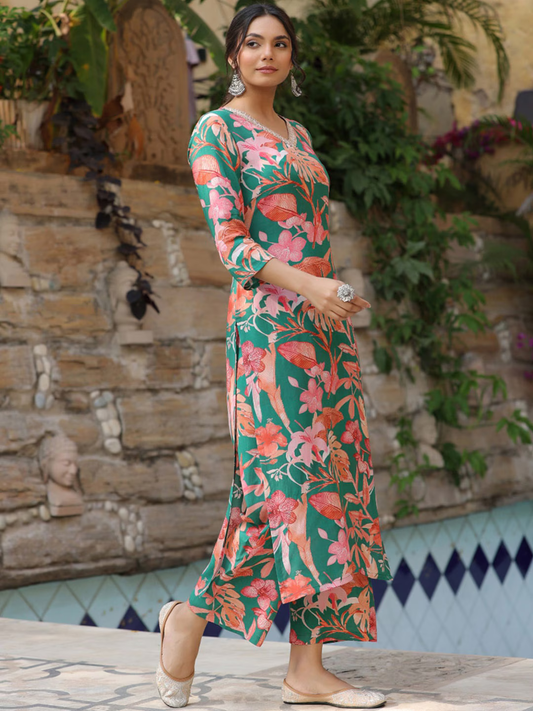 Floral Printed V-Neck Straight Kurta With Palazzos