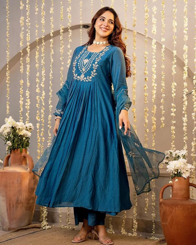 Women Embroidery Solid A-Line Kurta and Pant Set with Dupatta