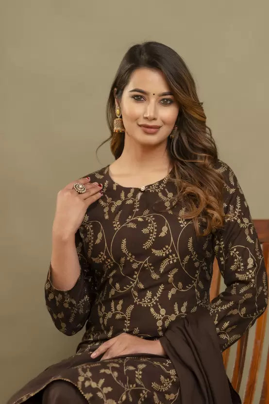 Women Brown Viscose Rayon Kurta Sharara Set