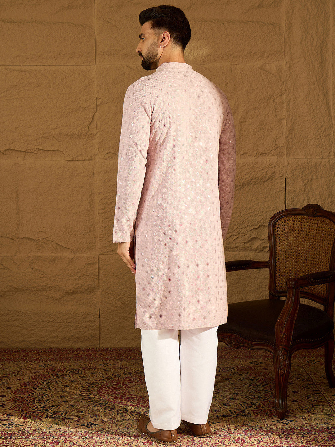 Men Viscose Rayon Embroidered Mandarin Collar Kurta & Trousers