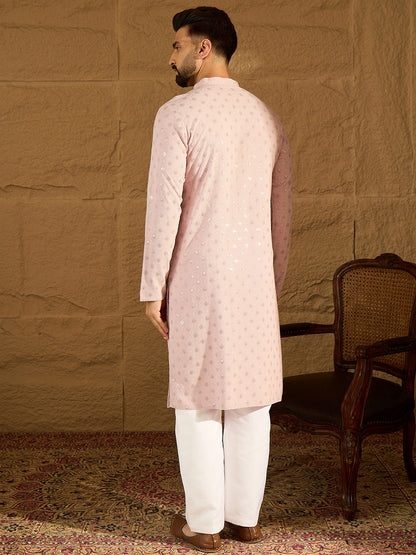 Men Viscose Rayon Embroidered Mandarin Collar Kurta & Trousers