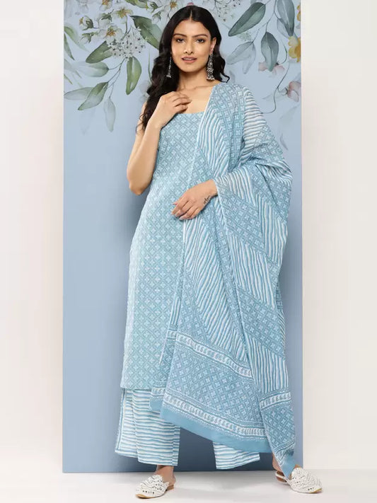 Women Sky Blue Cotton Blend Kurta and Trousers Set