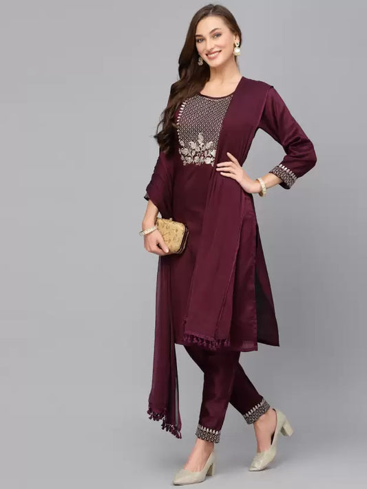 Women Purple Cotton Blend Kurta, Pant And Dupatta Set