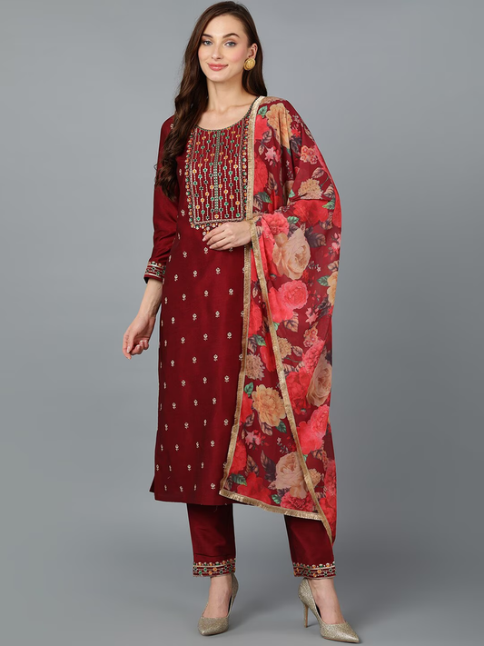 Round Neck Floral Embroidered Thread Work Kurta With Trousers & Dupatta