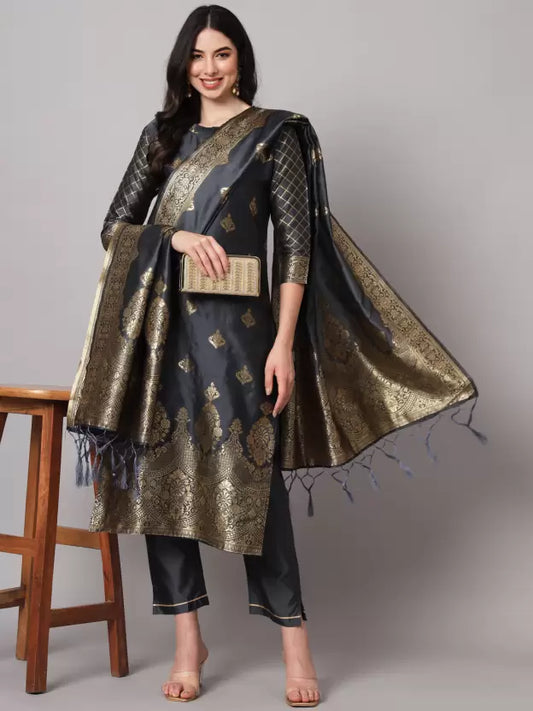 Women Silk Blend Kurta Pant Dupatta Set