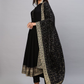 Women Black Solid Anarkali Kurta with Trousers & With Dupatta