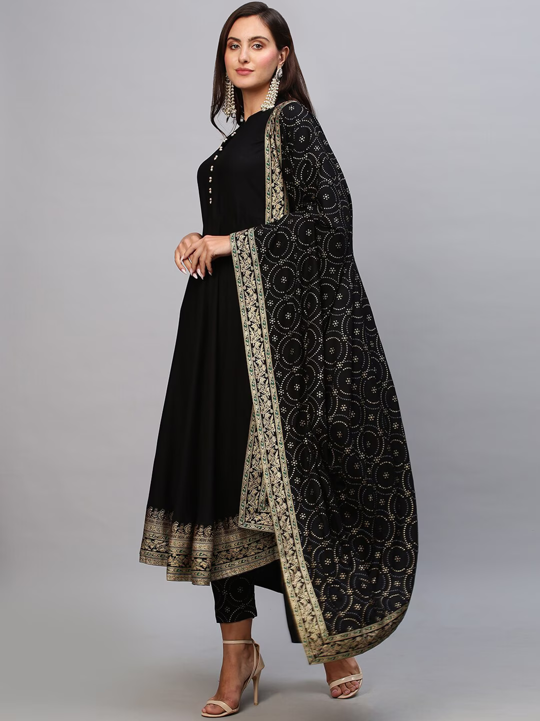 Women Black Solid Anarkali Kurta with Trousers & With Dupatta