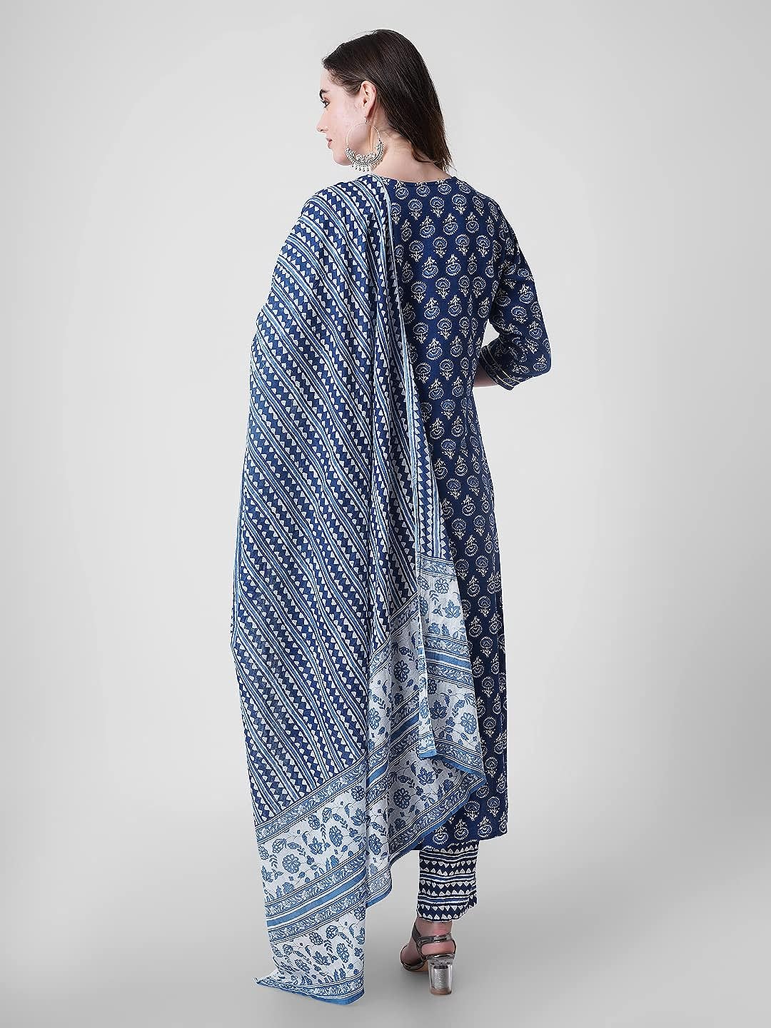 Women's Rayon Printed Blue Sraight Kurta with Pants and Dupatta Set