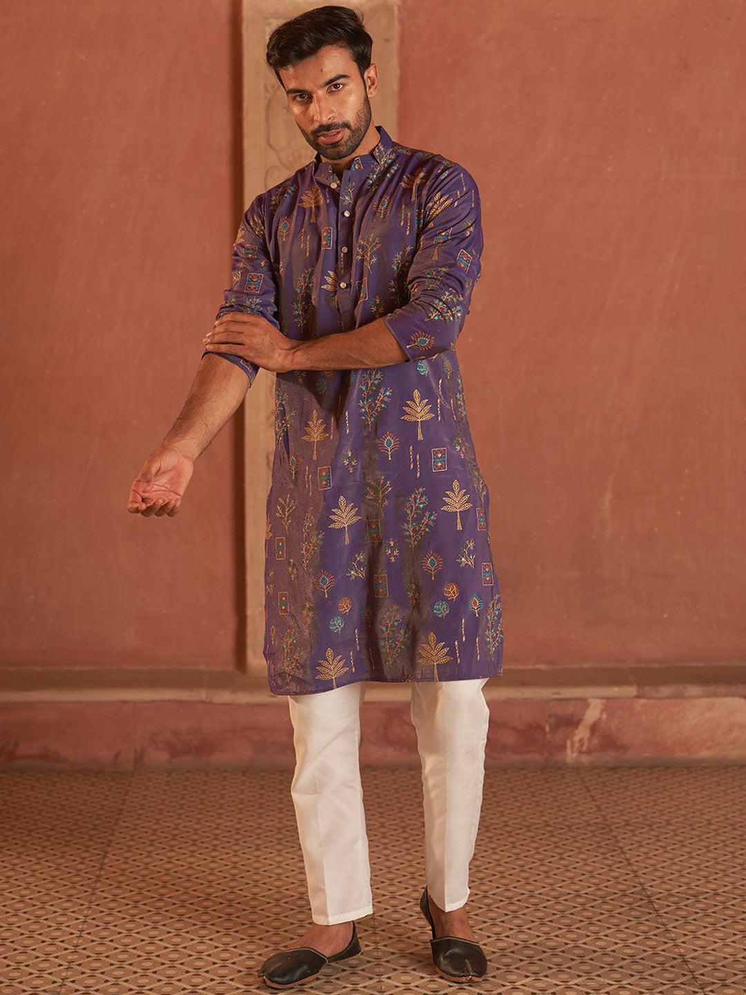 Men Floral Printed Solid Regular Knee Length Kurta with Pyjamas