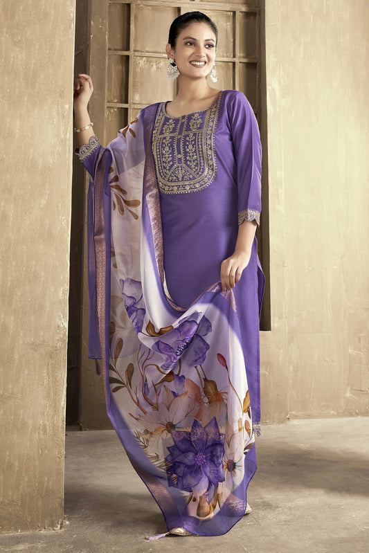 Women Purple Silk Blend Kurta Pant Dupatta Set