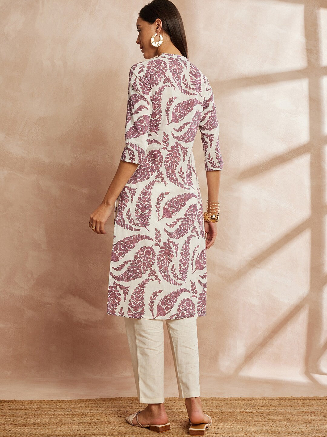 Purple Ethnic Motifs Printed Mandarin Collar Pure Cotton Kurta With Trousers