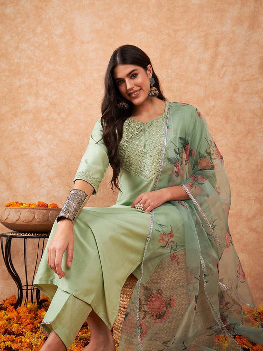 Women Sea Green Ethnic Motifs Yoke Design Regular Thread Work Kurta with Trousers & With Dupatta