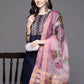 Women Navy Blue Cotton Blend Kurta Palazzo Dupatta Set