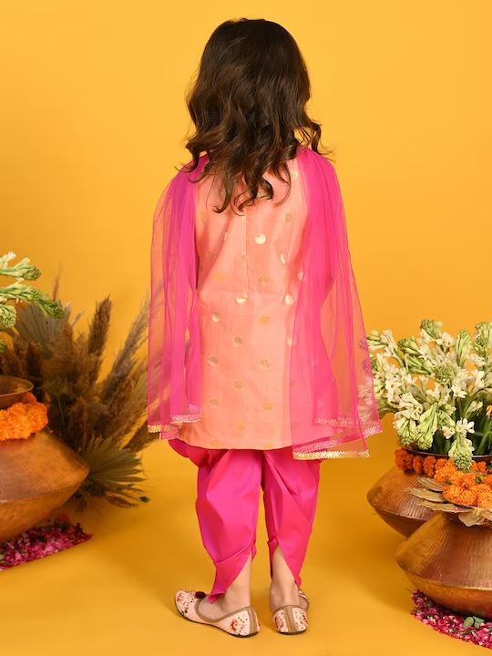 Girls Peach-Coloured Layered Kurti with Dhoti Pants & With Dupatta