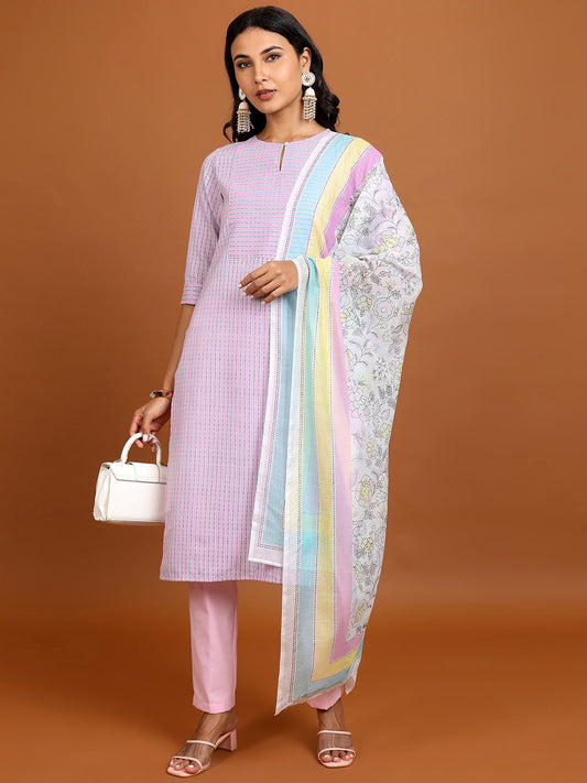 Pink Striped Keyhole Neck Kurta With Trousers & Dupatta