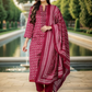 Burgundy & Off White Ethnic Printed Thread Work Kurta with Trousers & Dupatta