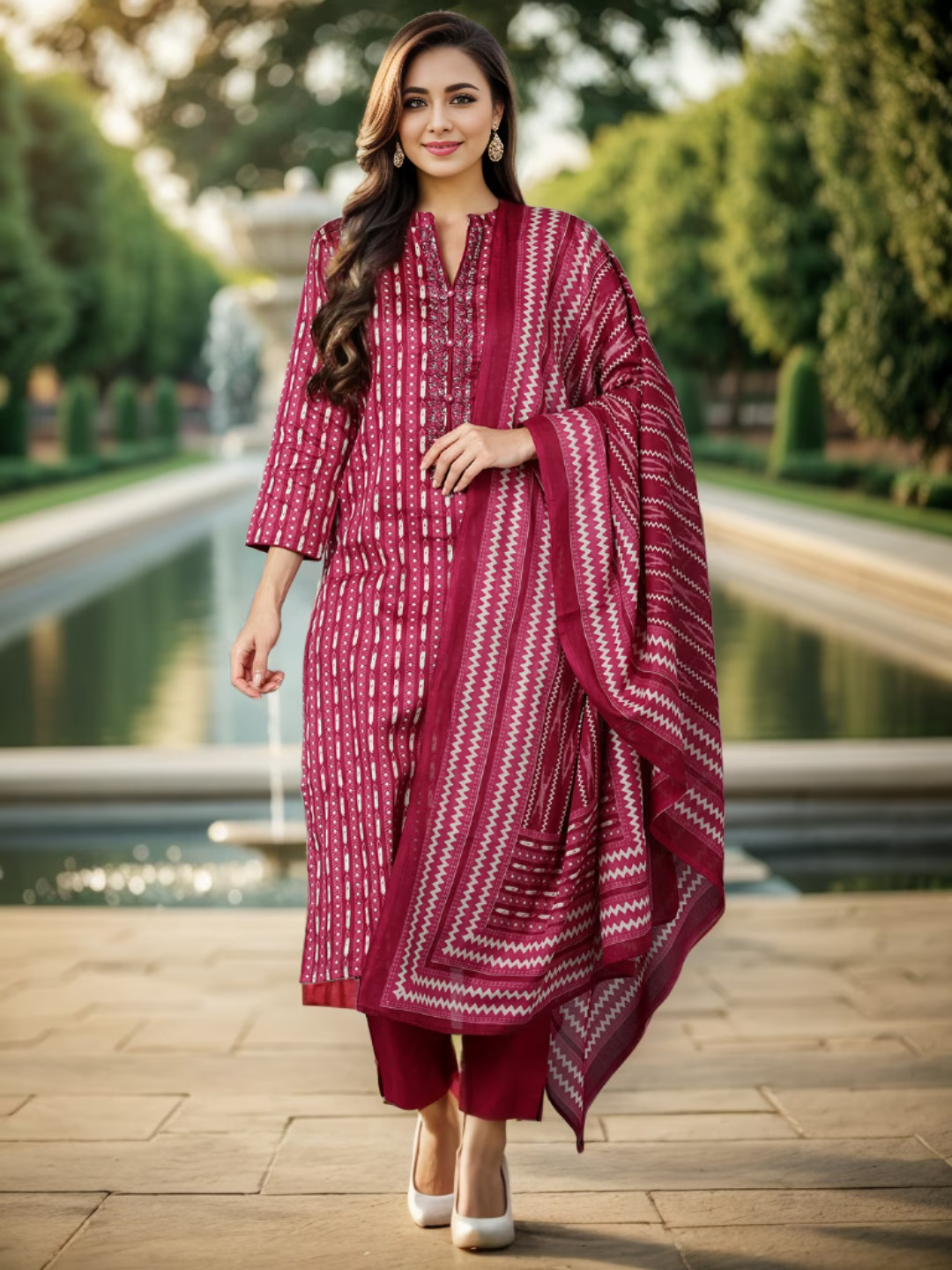 Burgundy & Off White Ethnic Printed Thread Work Kurta with Trousers & Dupatta