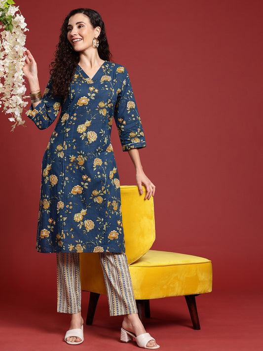 Floral Printed Pure Cotton Kurta with Trousers