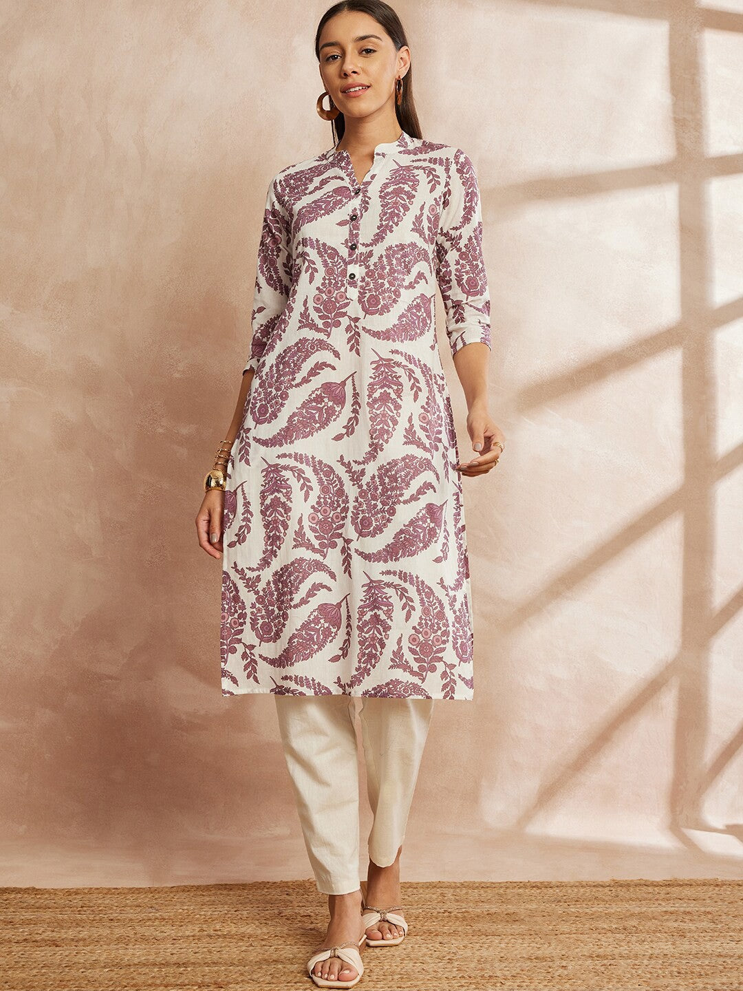 Purple Ethnic Motifs Printed Mandarin Collar Pure Cotton Kurta With Trousers