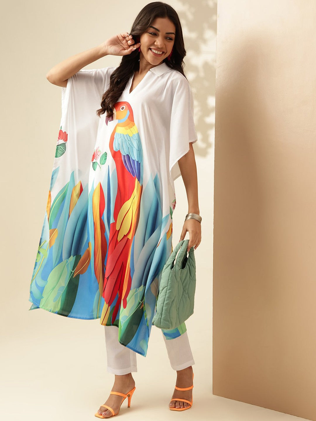 White Animal Printed Angrakha Kurta With Trousers