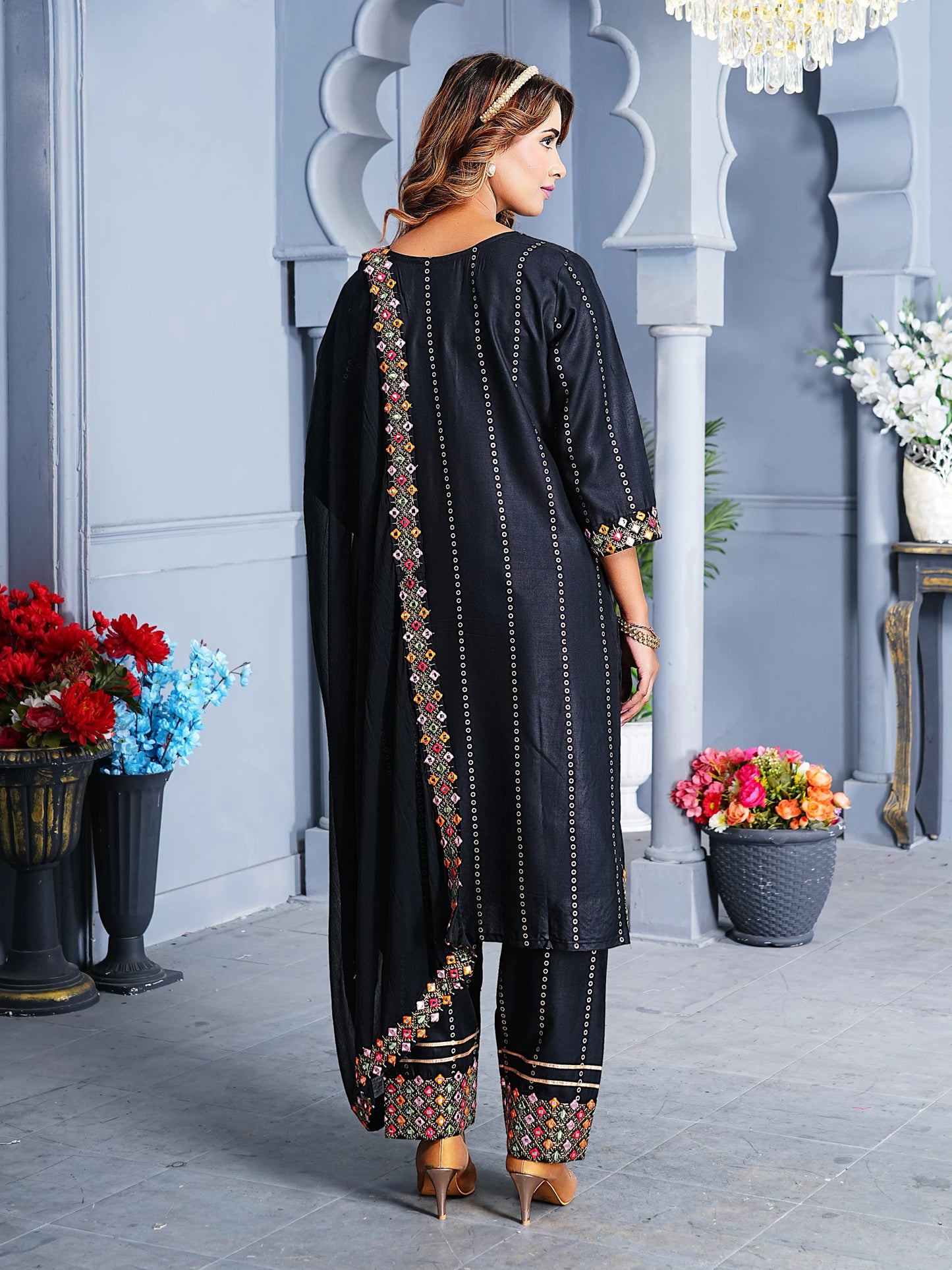 Women Black Embroidered Viscose Rayon Kurta Pant Dupatta Set