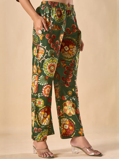 Women Green Printed Pure Cotton Shirt & Trousers Casual Co-Ord Set