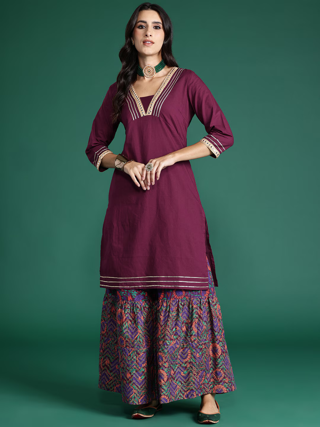 Floral Print Gotta-Patti Detailed Pure Cotton Kurta and Sharara Set