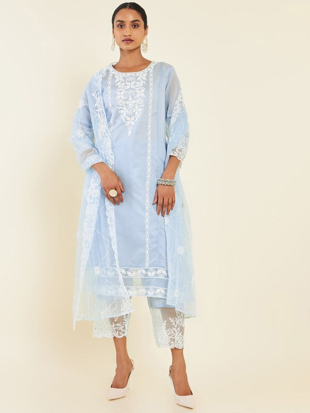 Floral Embroidered Panelled Kurta with Trousers & Dupatta