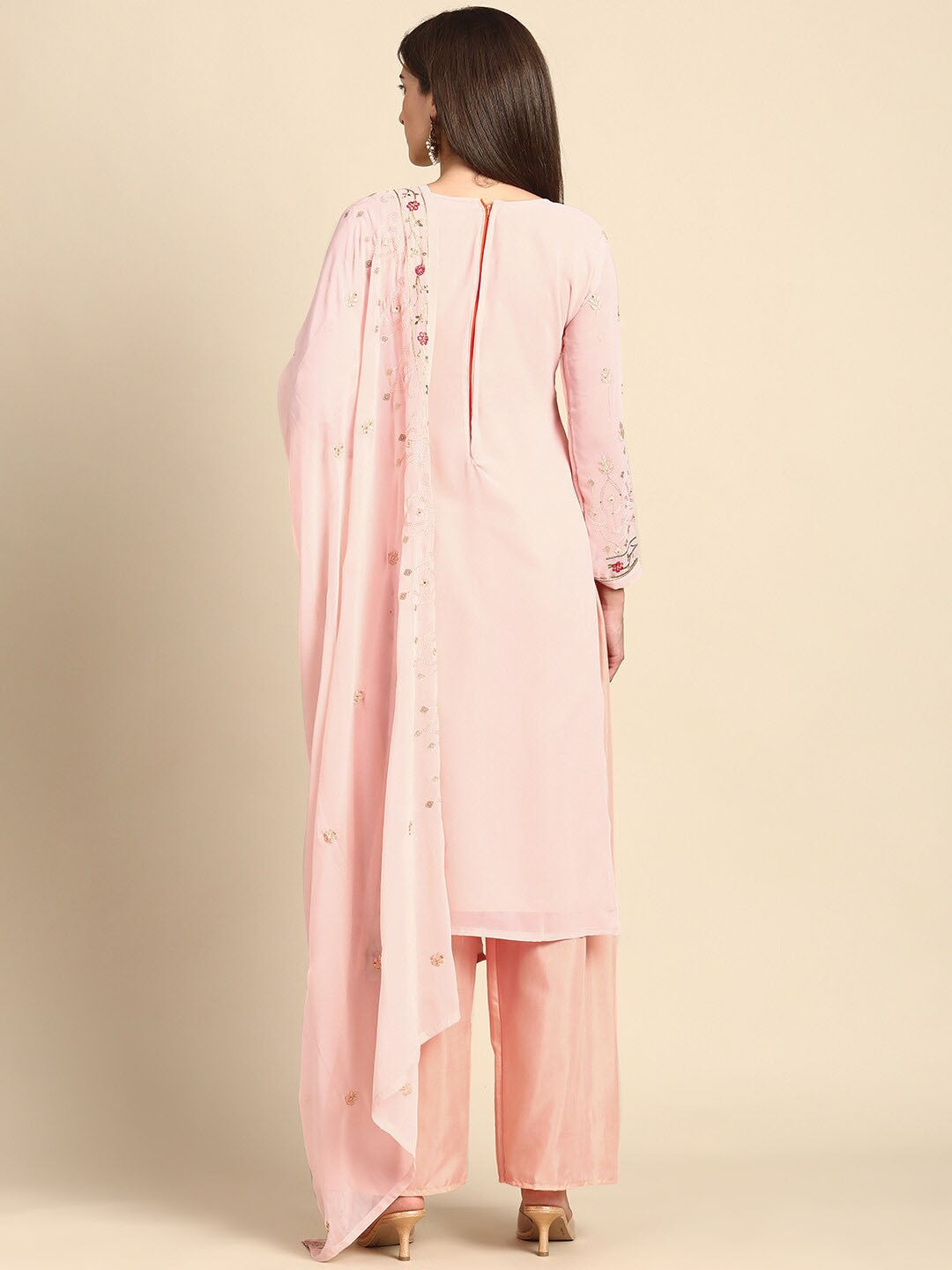 Floral Embroidered Pink Kurta with Trousers & Dupatta