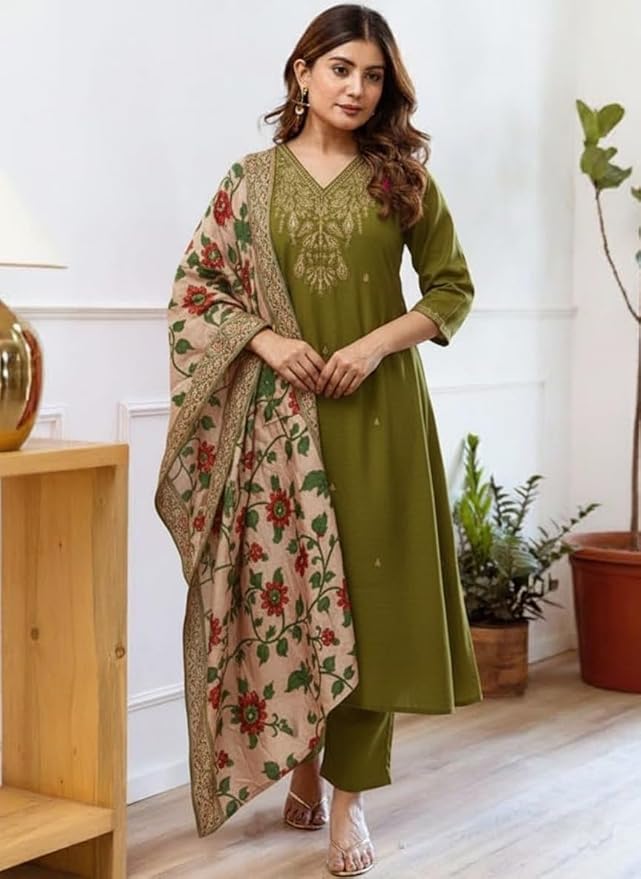 Women Silk Embroidered Kurta and Pant Set with Dupatta