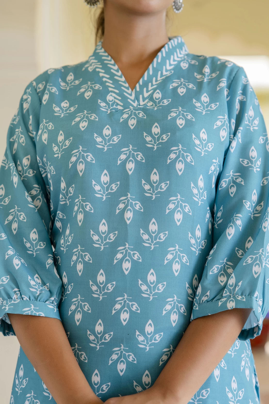 Women Blue Cotton Blend Kurta Pyjama Set