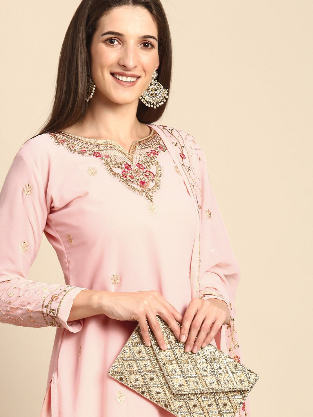 Floral Embroidered Pink Kurta with Trousers & Dupatta