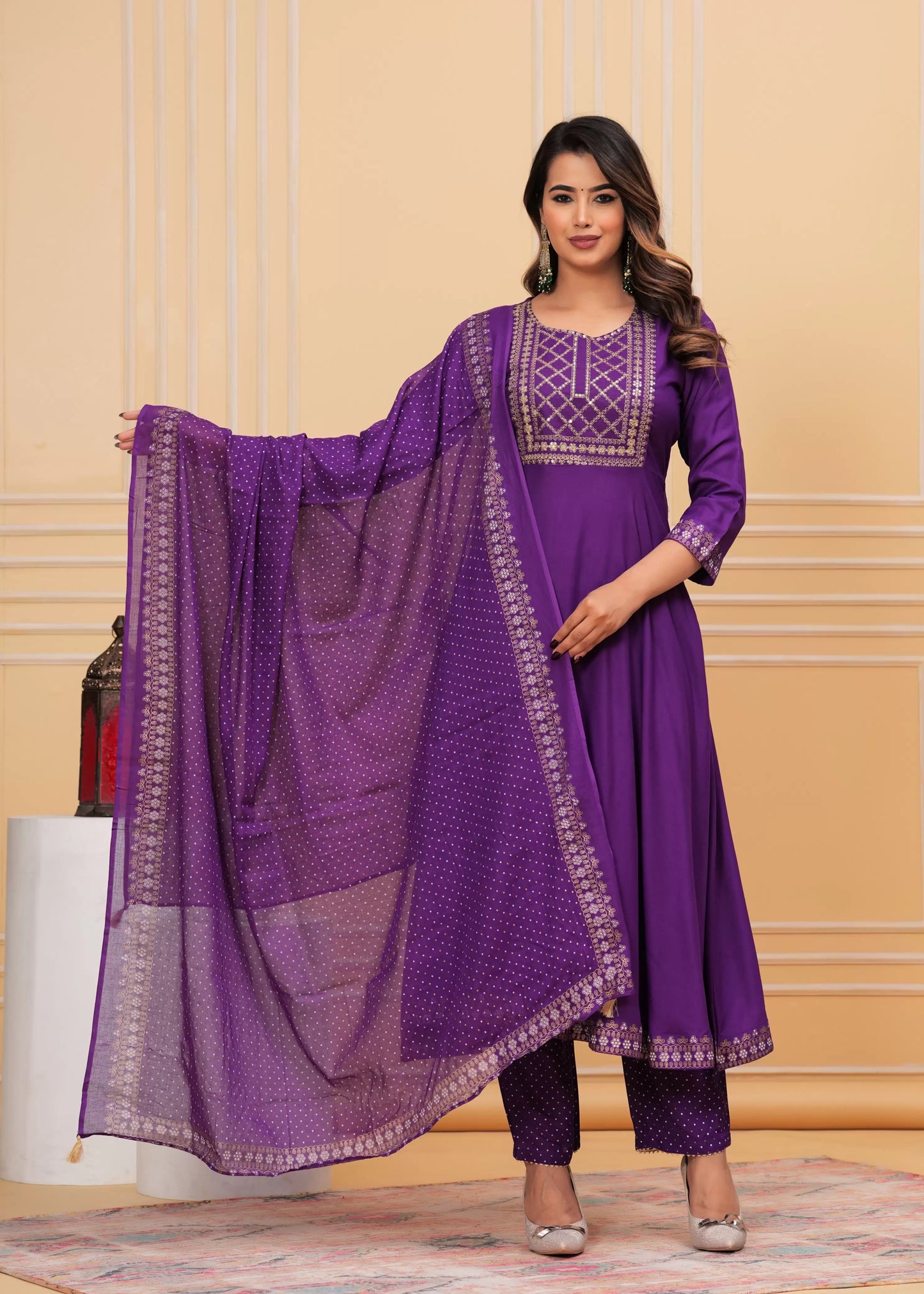 Women Purple Viscose Rayon Kurta Pant Dupatta Set