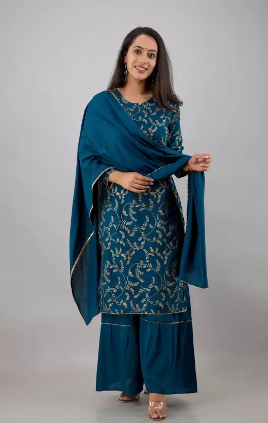 Women Elegant Viscose Rayon Kurta and Sharara Set with Dupatta