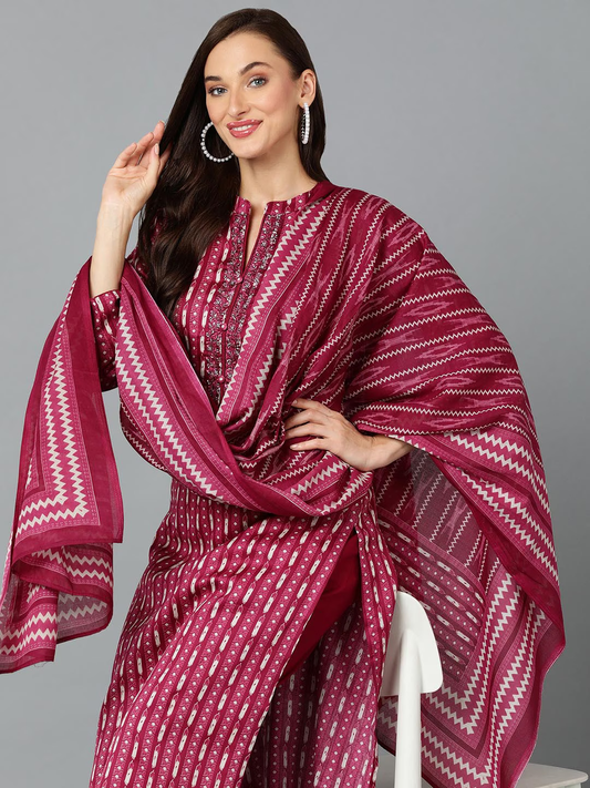 Burgundy & Off White Ethnic Printed Thread Work Kurta with Trousers & Dupatta