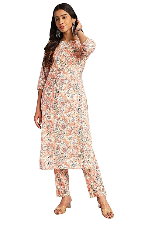 Women's Beige Cotton Floral Straight Co-ord Set