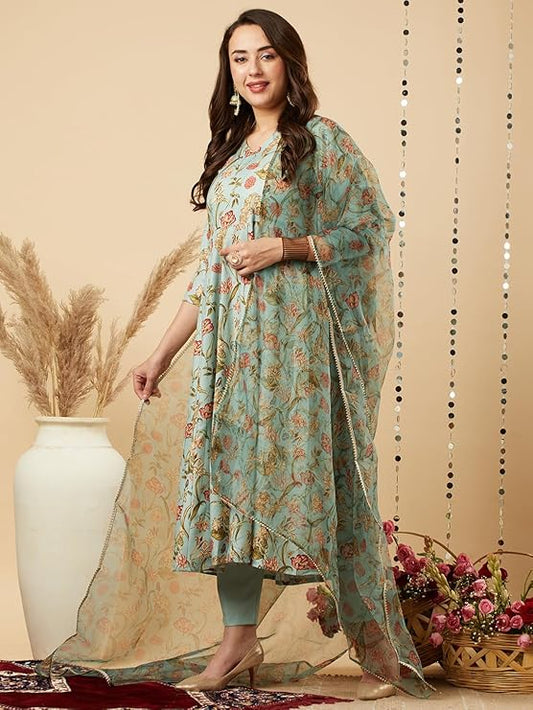 Women's Cotton Blend Anarkali Printed Kurta with Pant & Dupatta